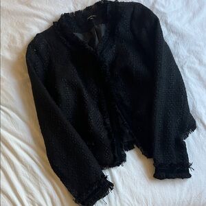 Black Textured Fringe Cropped Jacket - Women